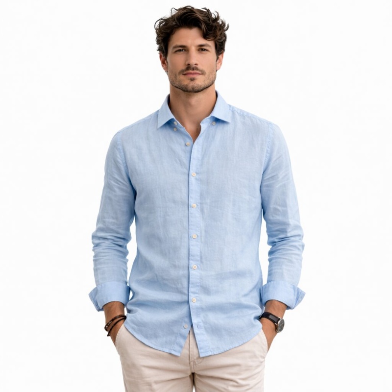 Camicia Manica Lunga Collo Francese 100% Lino Cap De Barbaria