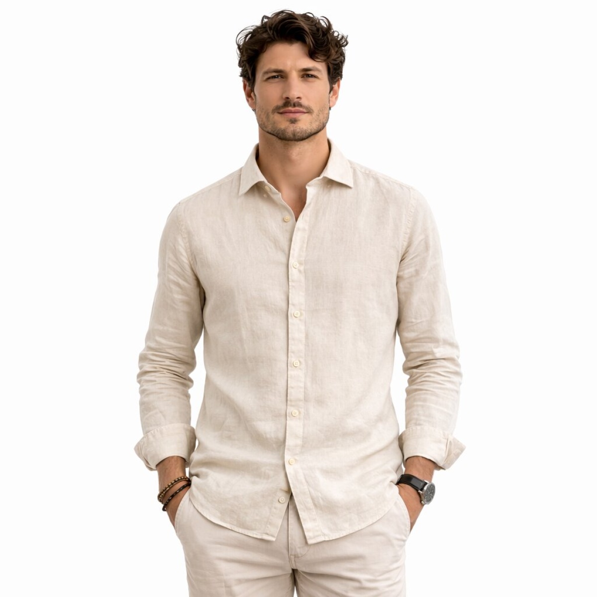 Camicia Manica Lunga Collo Francese 100% Lino Cap De Barbaria