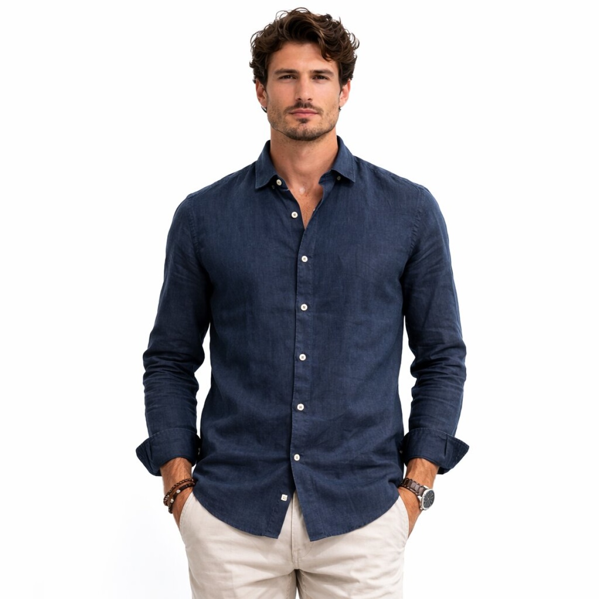 Camicia Manica Lunga Collo Francese 100% Lino Cap De Barbaria