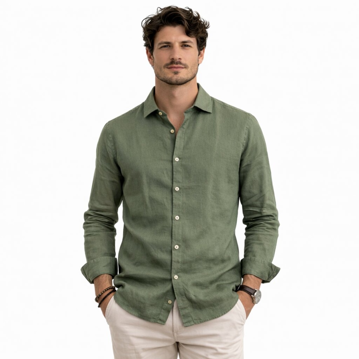 Camicia Manica Lunga Collo Francese 100% Lino Cap De Barbaria