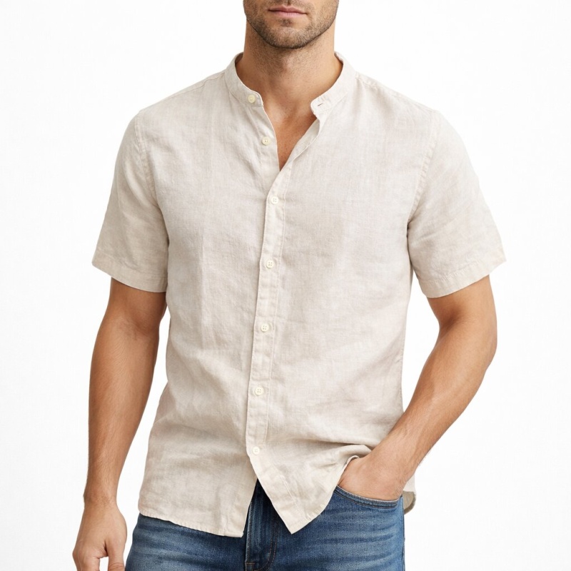 Camicia Manica Corta Coreana 100% Lino Cap De Barbaria